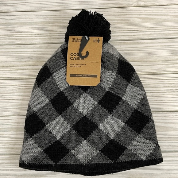 Field & Stream Cozy Cabin Gray and Black Plaid Knit Beanie Hat NWT - Picture 2 of 8